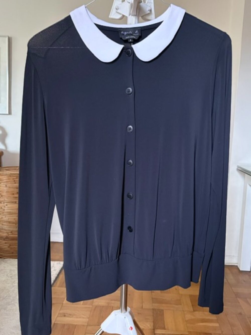 Agnes B Black Button Down Blouse with White Peter Pan Collar